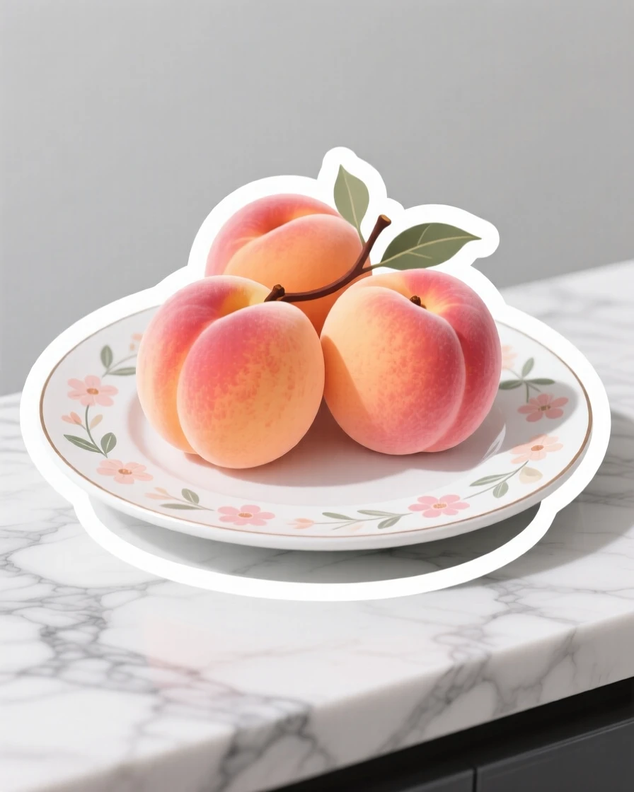 A delightfully sweet cluster of ripe peaches, placed on a floral patterned plate, on a marble countertop with soft shadows.