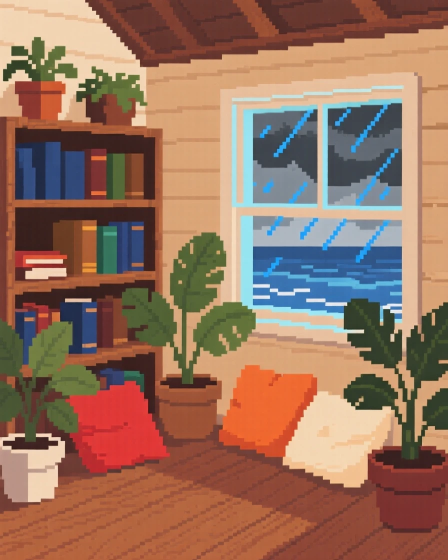 A bookshop corner surrounded by potted plants and soft cushions, inside a seaside cottage during a storm.