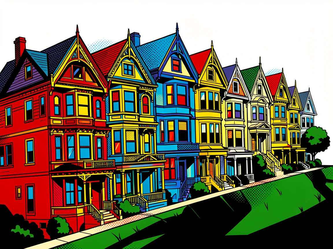 Elaborate Victorian houses lining a San Francisco hillside