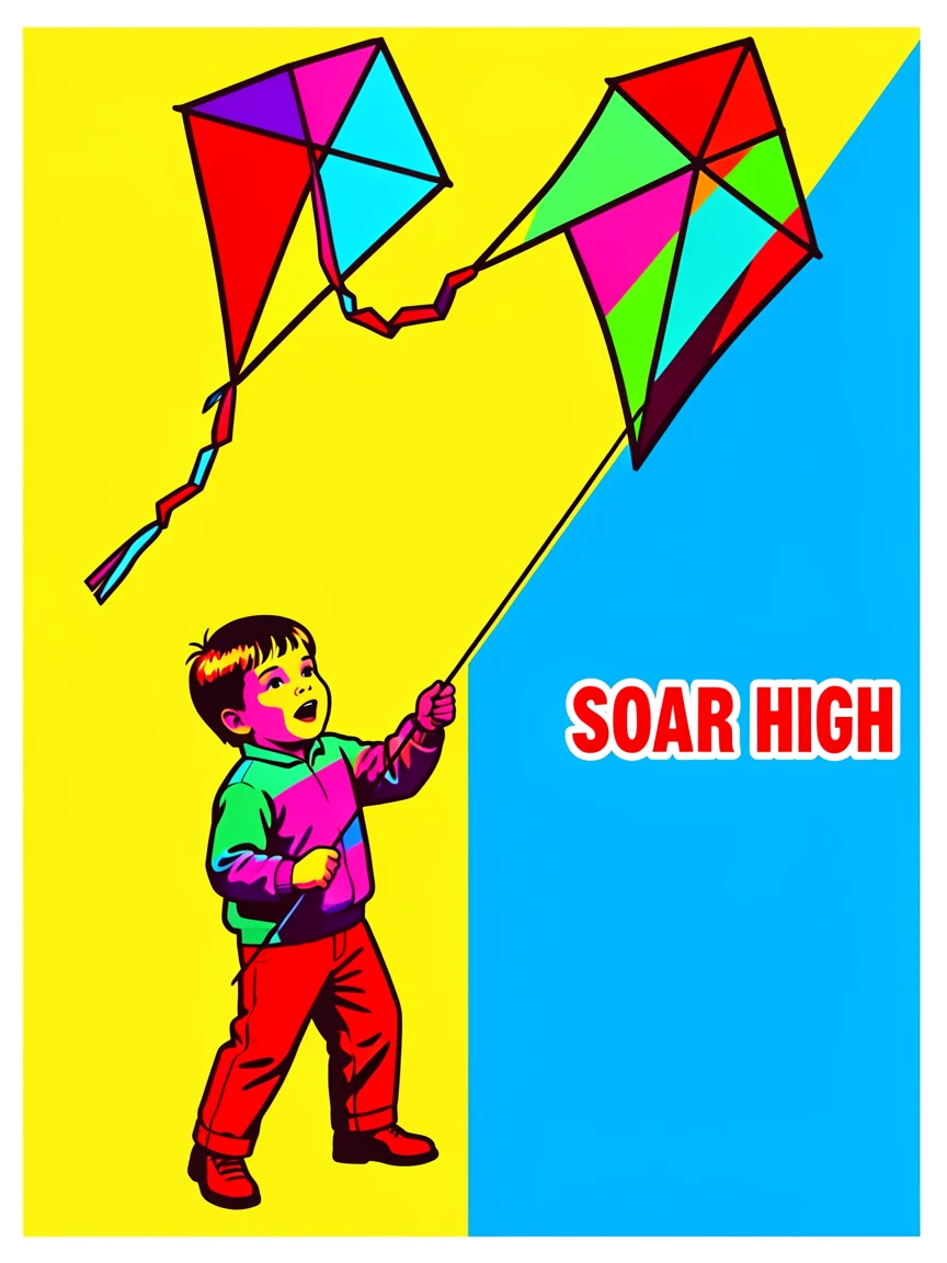 Child flying a colorful kite on a windy day