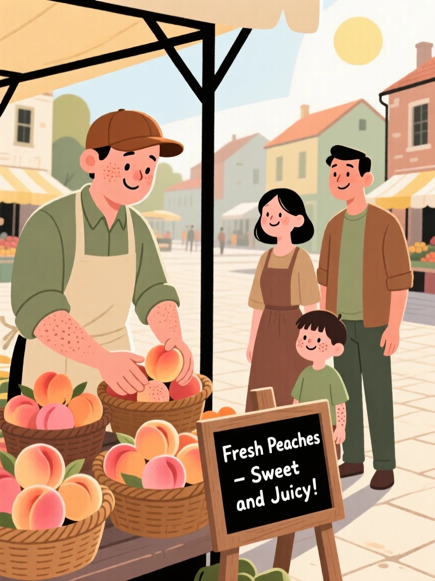 A baker arranges baskets of ripe peaches at a bustling village square market, greeting a young family with a warm smile in the morning sun.