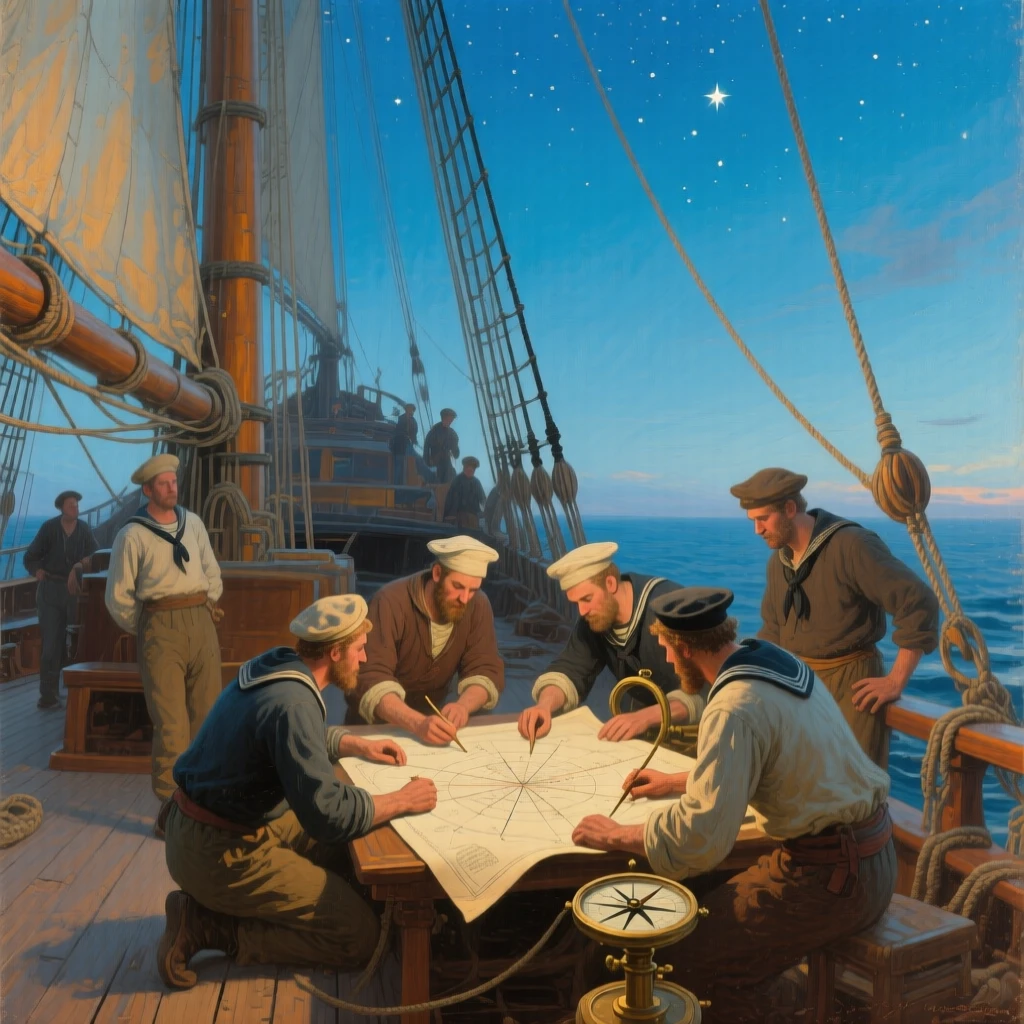 A centered composition of sailors charting a course by starlight on the deck of a tall ship, under a clear blue sky, at midday.
