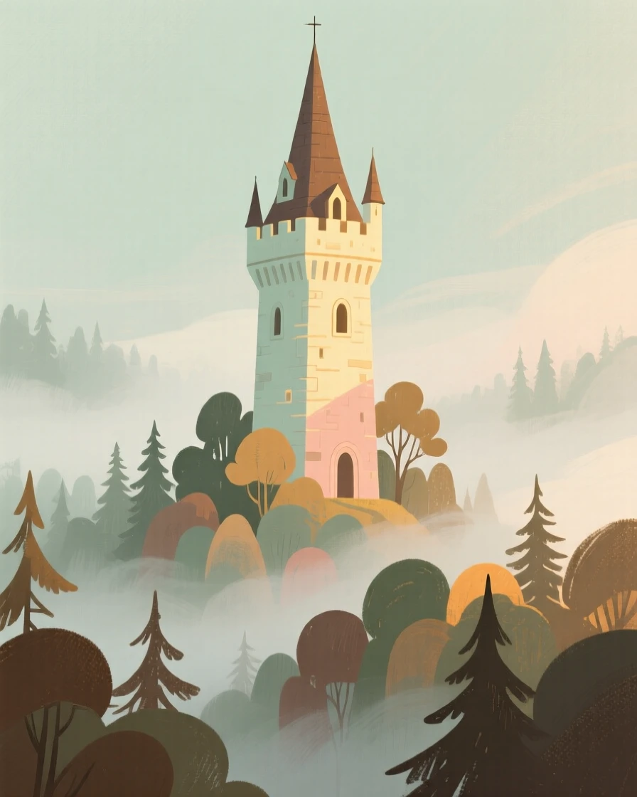 A wizard's tower rising above a forest shrouded in mist