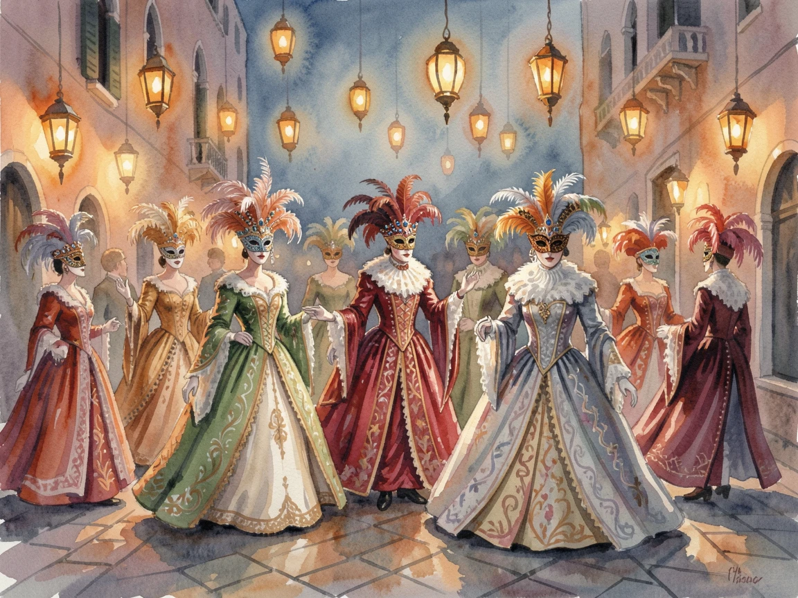 A Venetian masquerade ball with elaborate costumes with warm lantern light glowing at dusk.