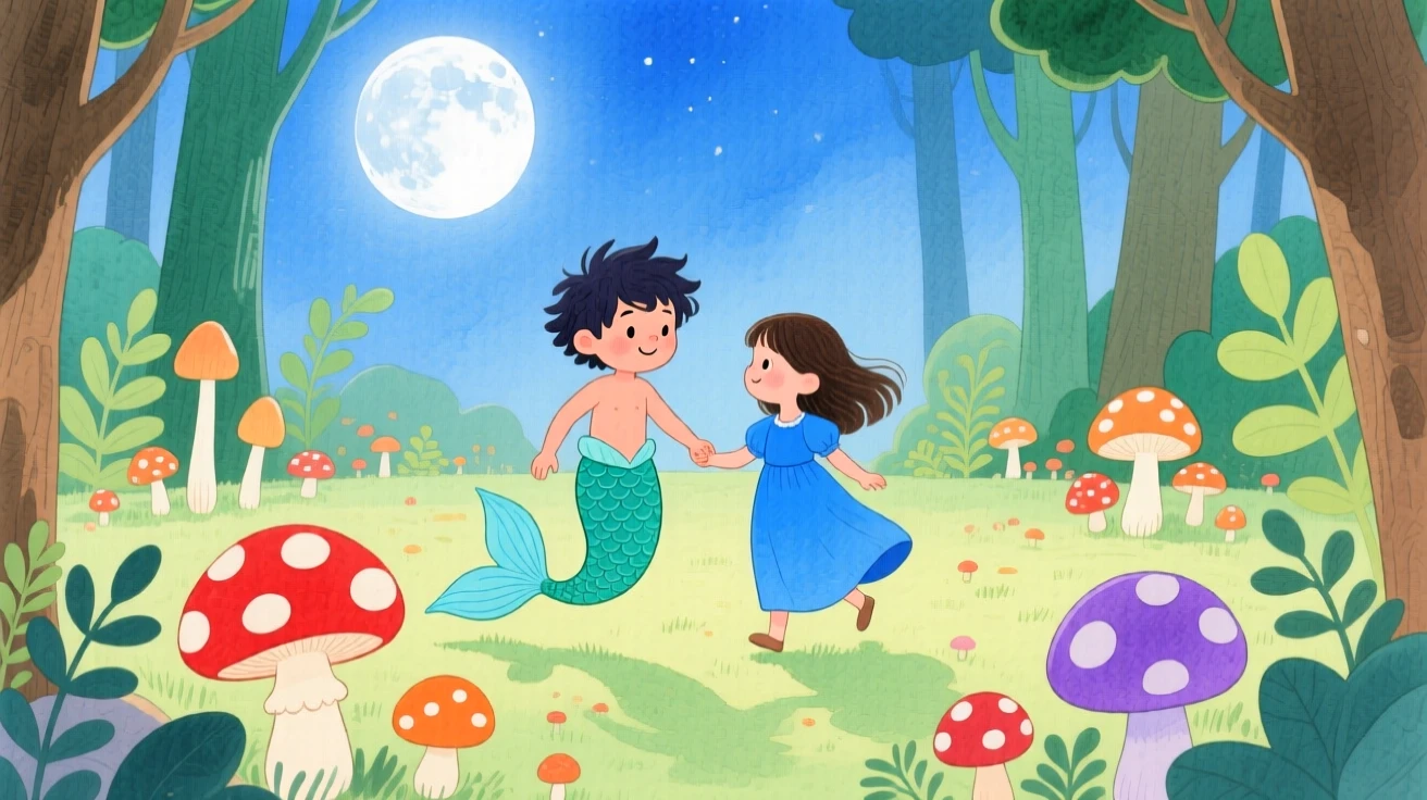 A playful merboy guiding a girl in a flowing blue dress through a moonlit clearing full of mushrooms.