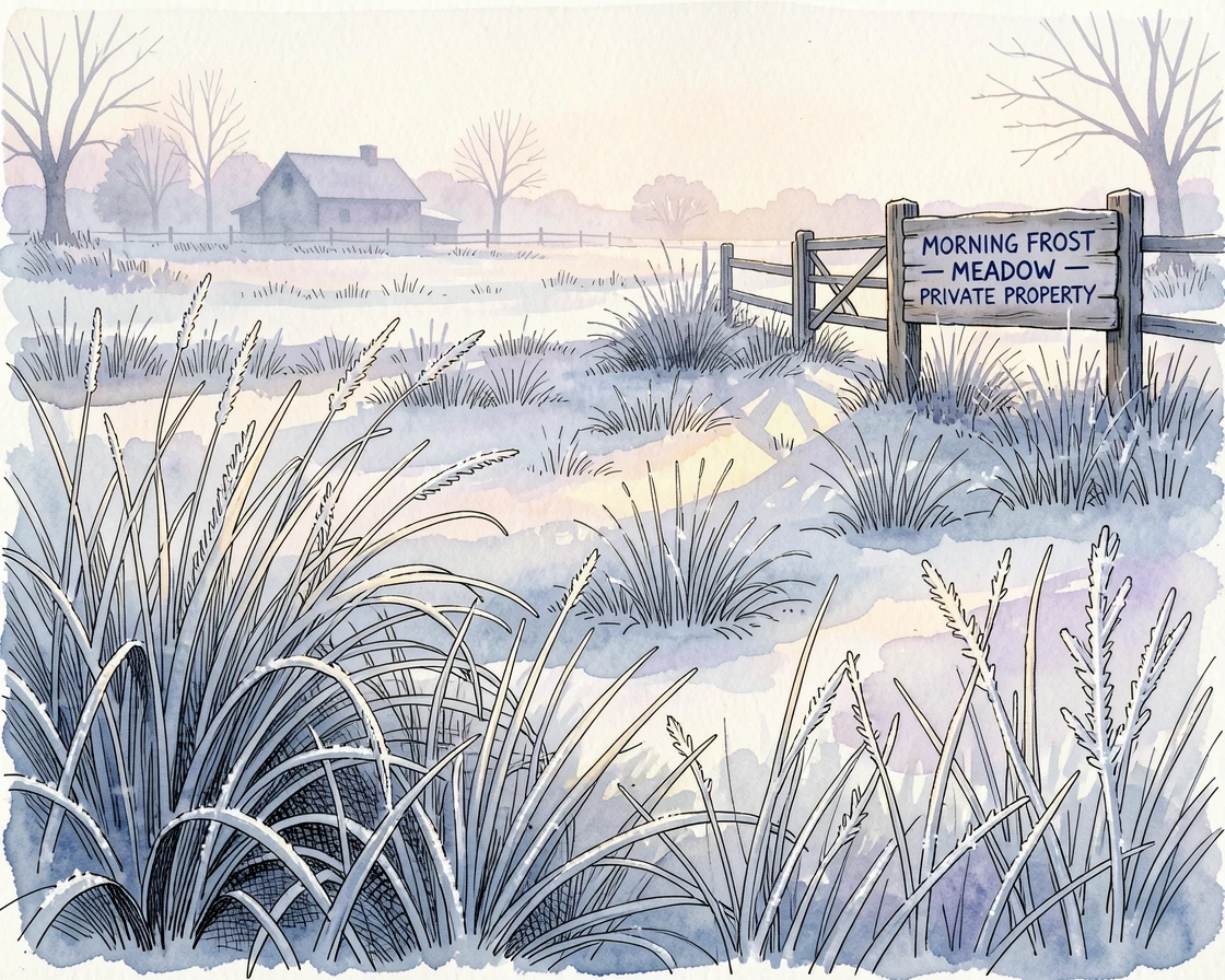 A frost-covered meadow catching the first light of a winter morning, the scene bathed in the soft blue light of early dawn.