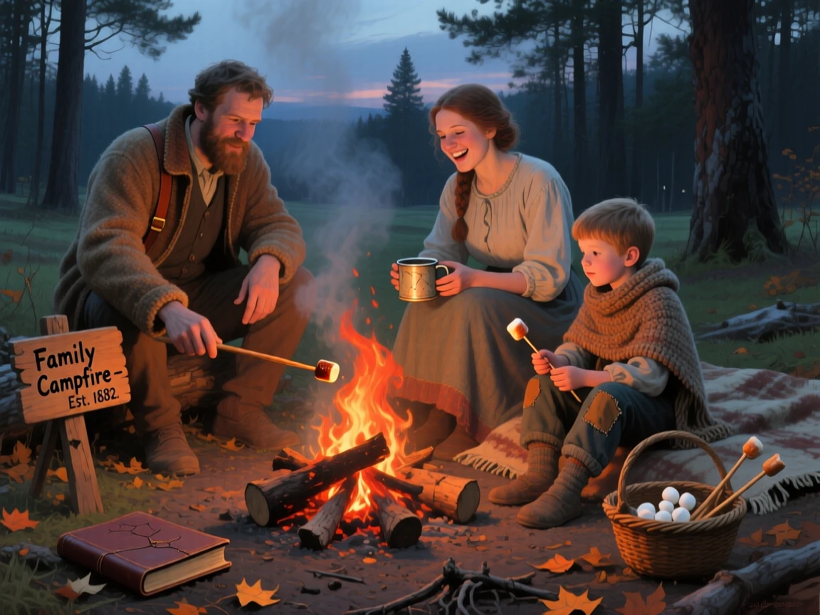 A family gathered around a crackling campfire roasting marshmallows, with small, authentic details that make the moment feel real, evoking warmth, nostalgia, and heartfelt connection