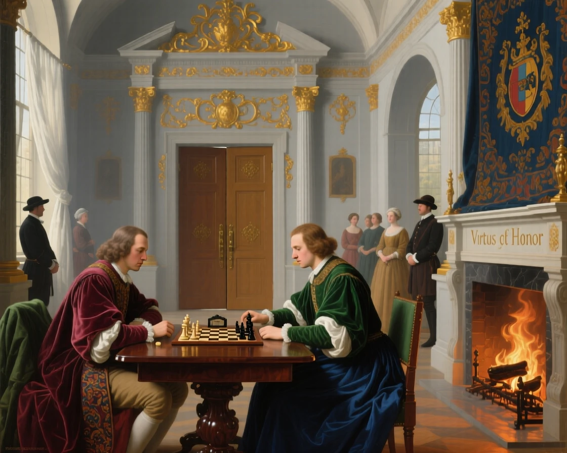 Noblemen playing chess beside a roaring fireplace just before the grand doors are thrown open, set within a private chapel adorned with gold leaf, with liveried servants moving quietly among the guests; rich architectural framing lends grandeur without crowding the figures, suggesting both splendor and the fleeting nature of such moments.
