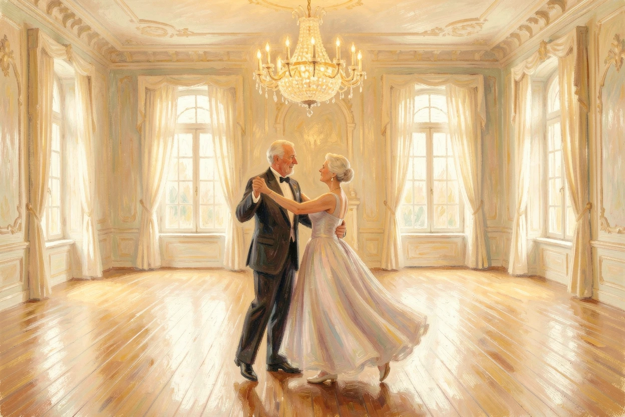 A pair of elderly dancers waltzing in an empty ballroom lit by a single grand chandelier.
