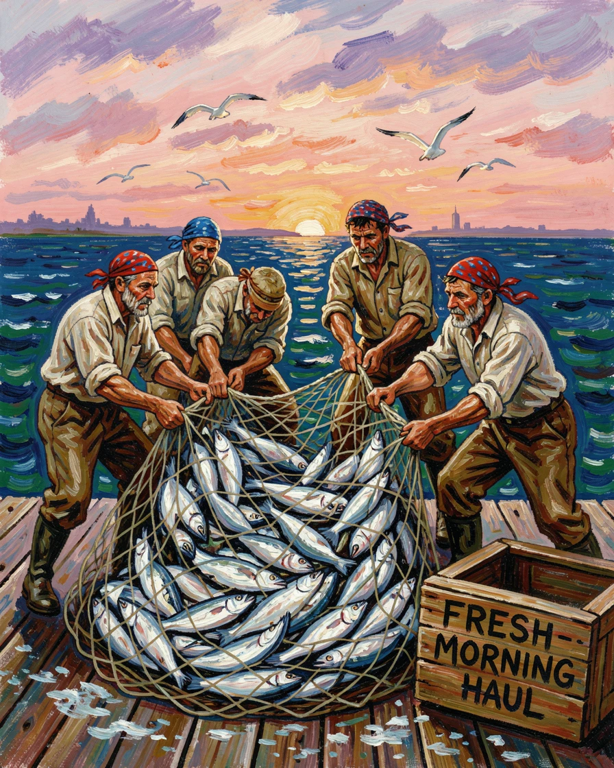 A group of fishermen hauling in a net full of fish at first light.