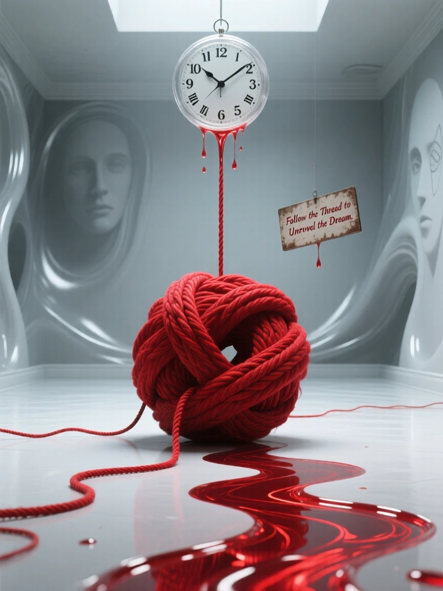 A tangled knot of red thread slowly unraveling into a straight line stands quietly at the center of an empty, soft-lit room, as everything else fades quietly into muted color.