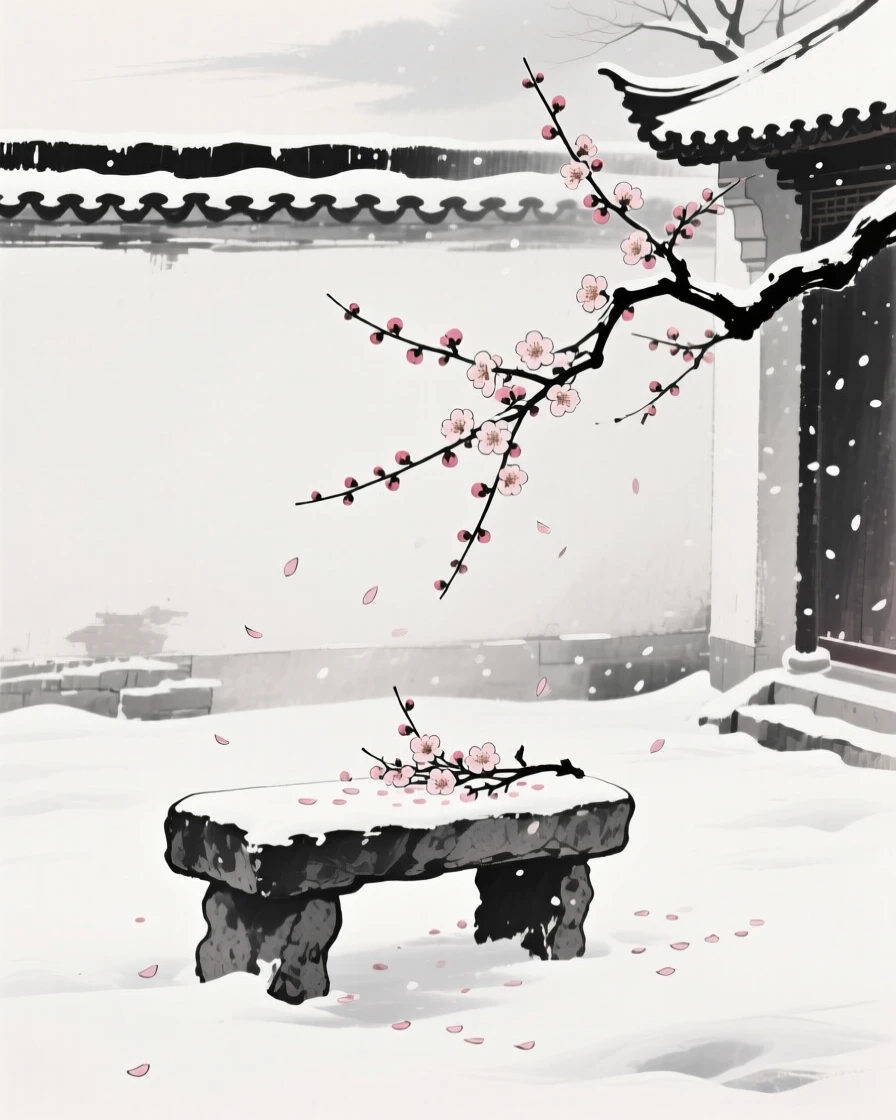 Plum blossoms drift down onto a stone bench in a snow-covered courtyard, beneath a pale winter sky.