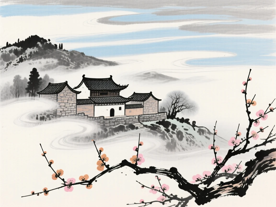 A hillside monastery wrapped in drifting cloud, touched with gentle melancholy, under a sky streaked with clouds, as the last plum blossoms cling to bare branches.