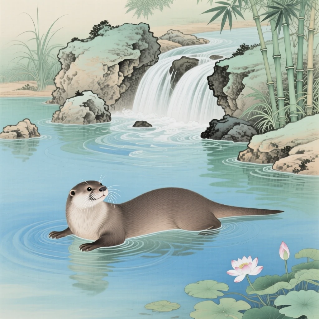 An otter floating on its back in a calm river at the base of a small stone waterfall