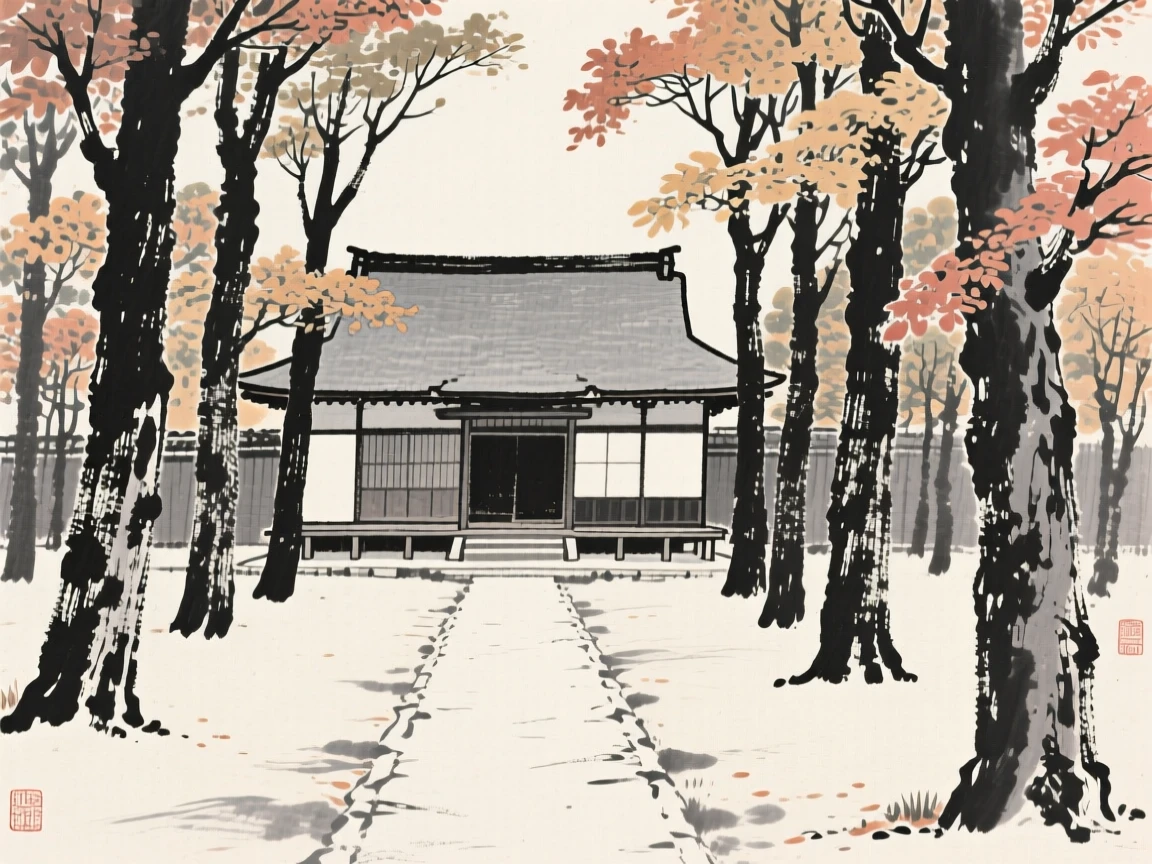 A traditional courtyard house framed by tall autumn trees, framed symmetrically along a central path, suggesting timeless craftsmanship and peaceful tradition.