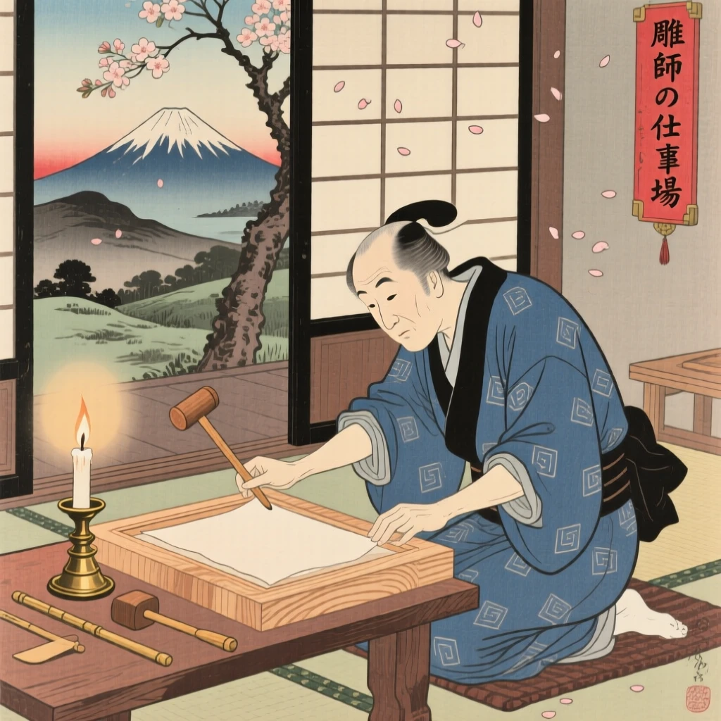 A woodblock carver assembling a paper frame by candlelight.