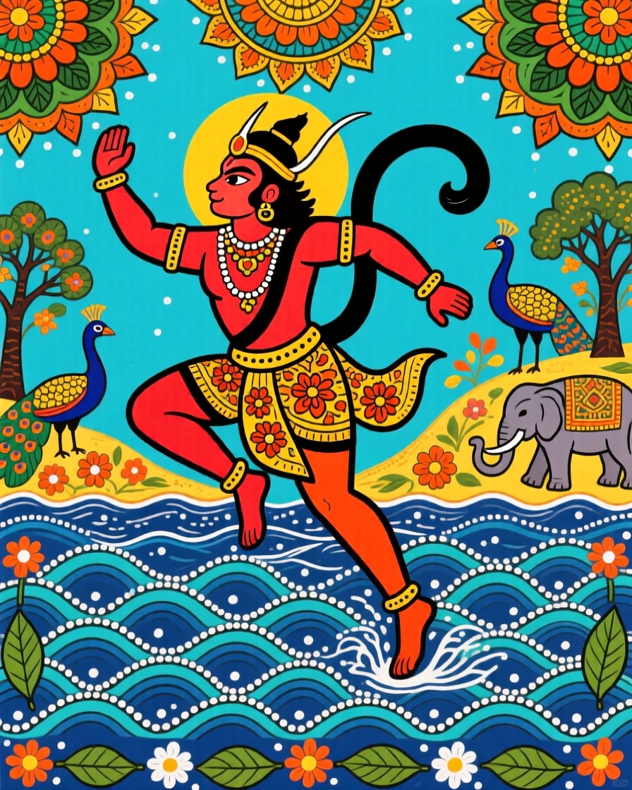 Hanuman leaping across the ocean toward a distant golden shore.