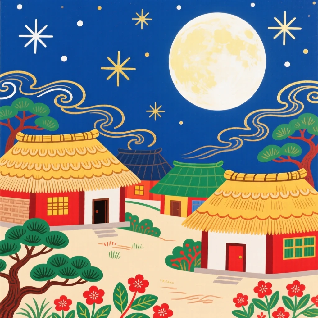 A village of thatched-roof houses beneath a full moon.