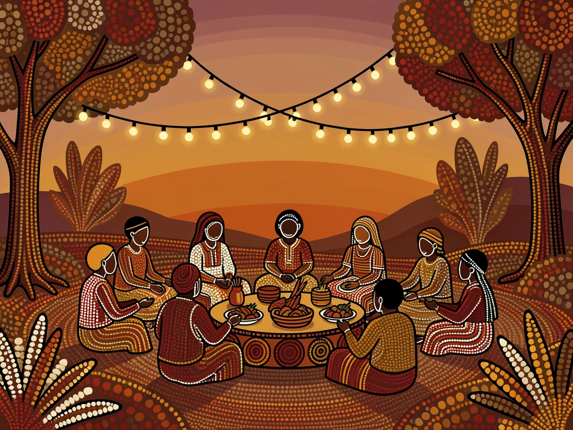 A community feast beneath string lights at sunset