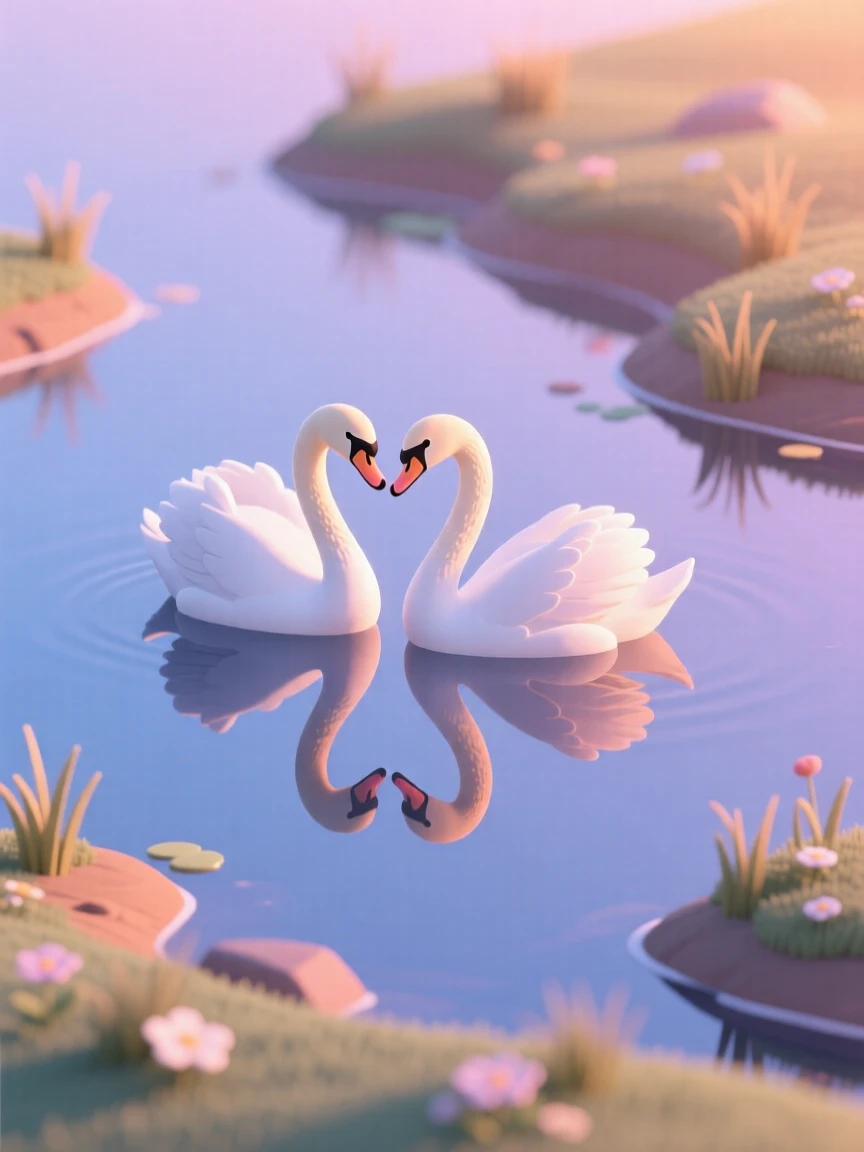 A pair of swans gliding gracefully across a still lake at dawn, their reflections perfectly mirrored in the calm water.