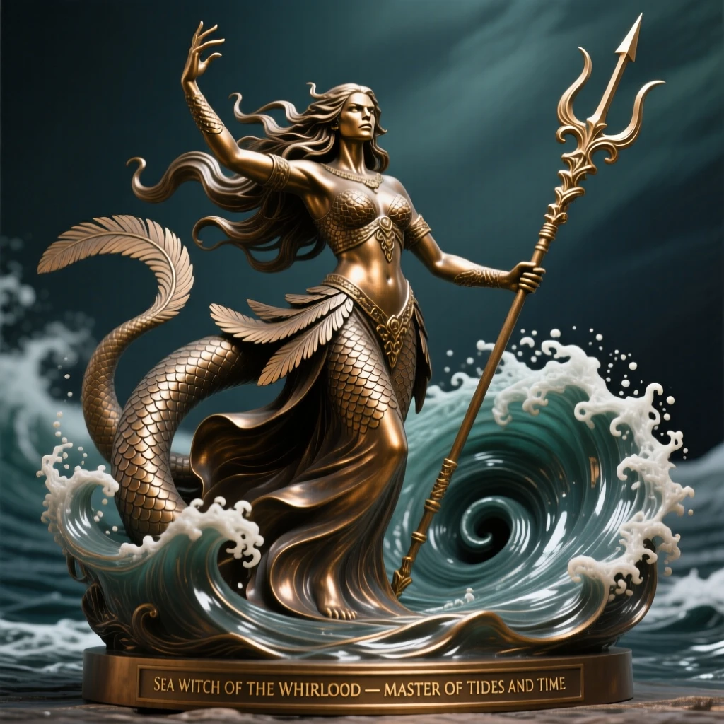 A legendary sea witch commanding a whirlpool, with intricate scale and feather detail, radiating awe and grandeur