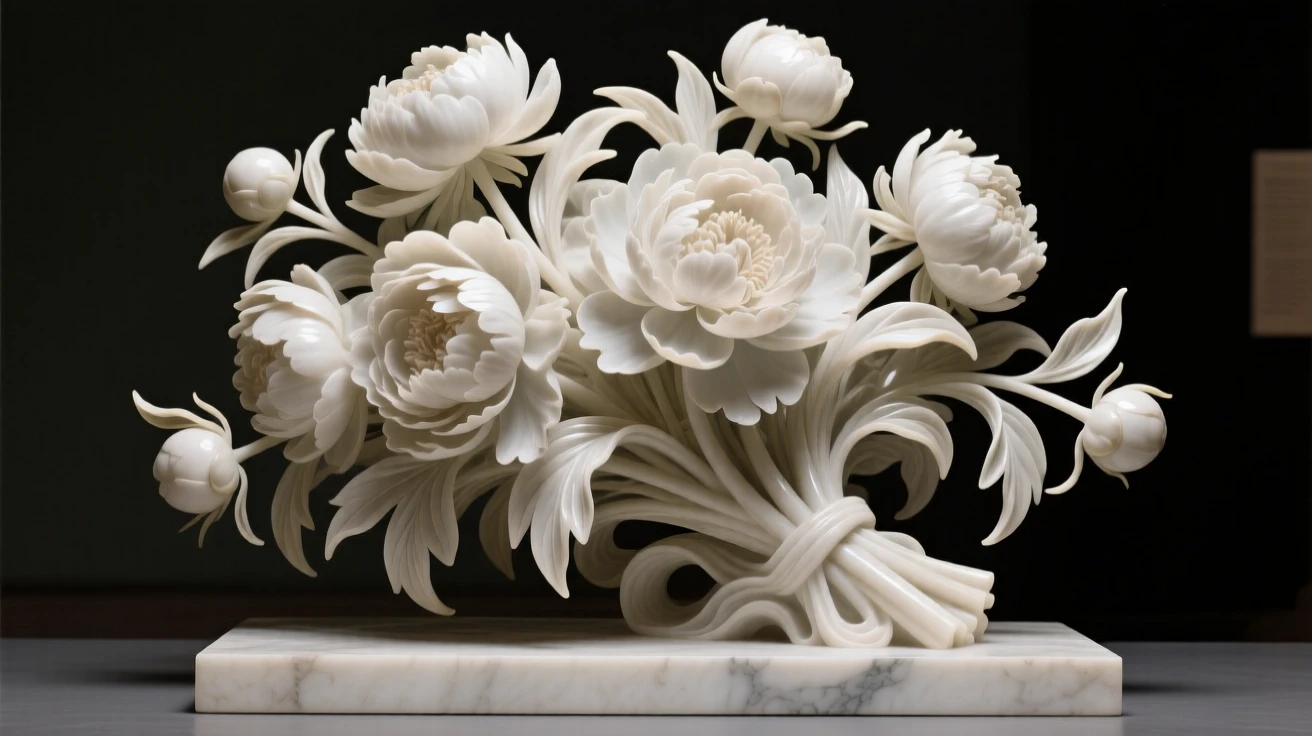 A sweeping, cinematic composition of a bouquet of peonies in soft light, capturing the raw beauty of the natural world