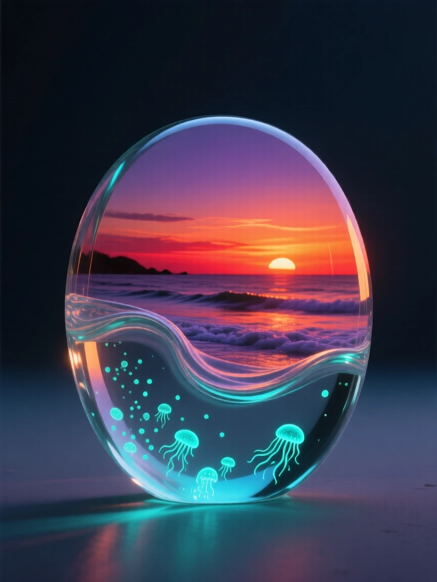 A bioluminescent beach at night bathed in the warm glow of sunset, rich saturated colors, evoking a deep sense of wonder.