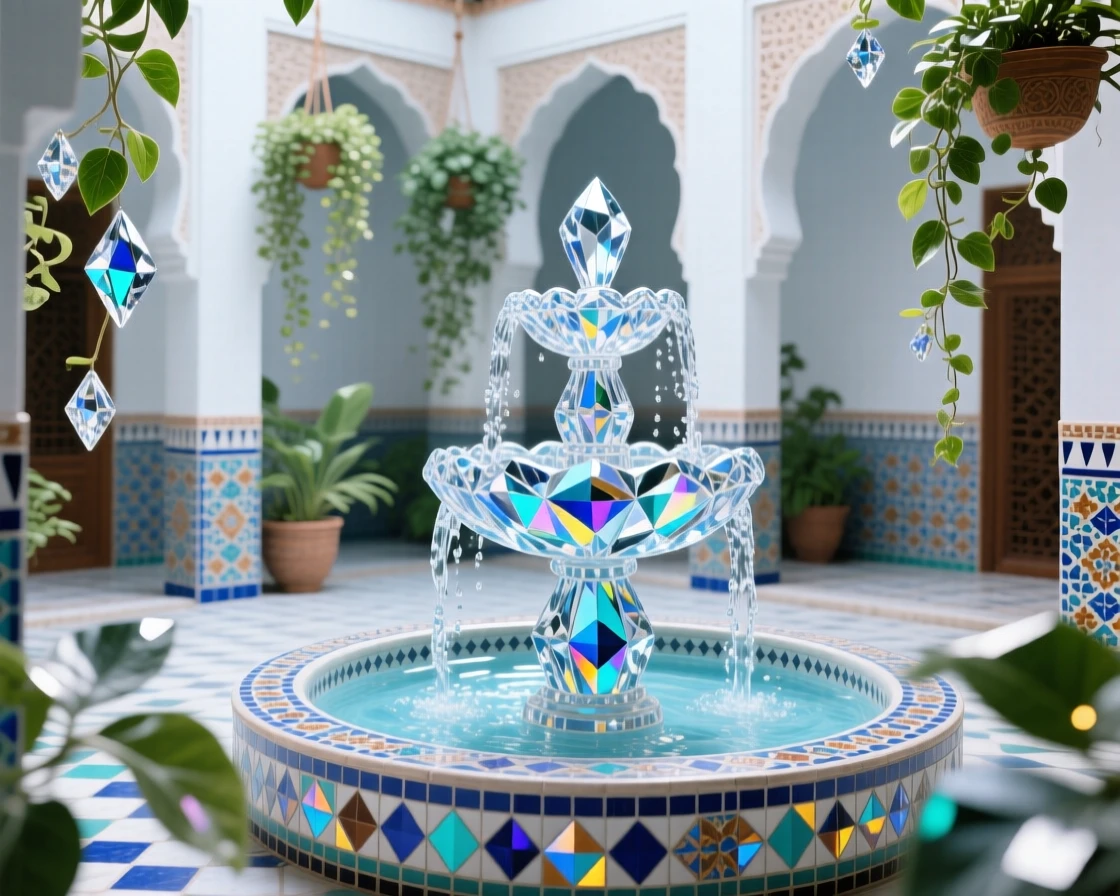 A Moroccan riad courtyard with an intricately tiled fountain and lush hanging plants.