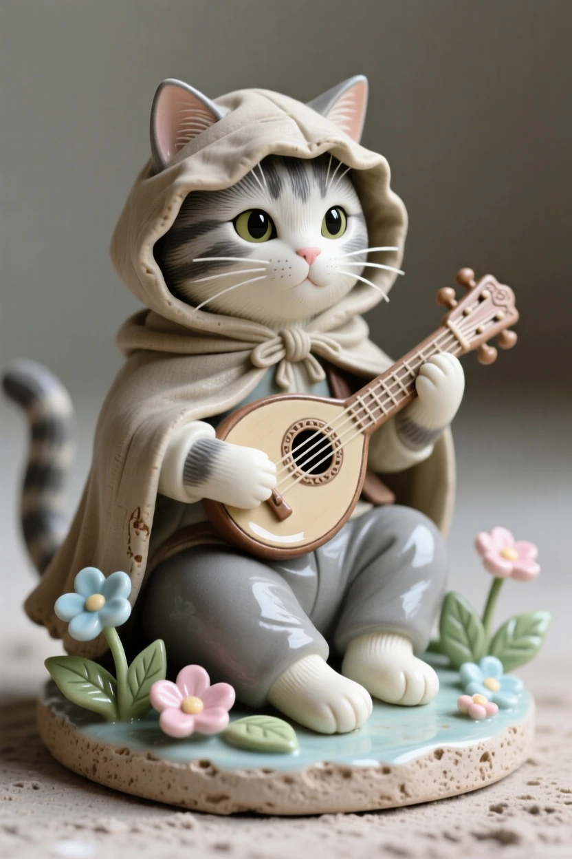 A cat dressed as a wandering musician frozen in a scene of cozy togetherness, framed by miniature flowers and leaves, evoking childlike wonder and gentle humor.