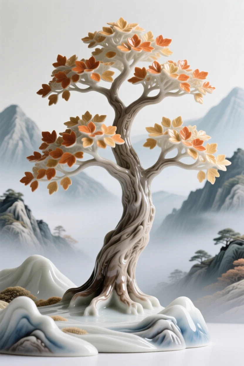A towering oak tree glowing with autumn color in a misty mountain valley.