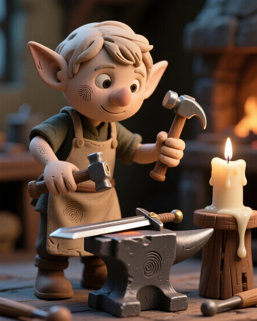 A tiny elf blacksmith forging a miniature sword by candlelight
