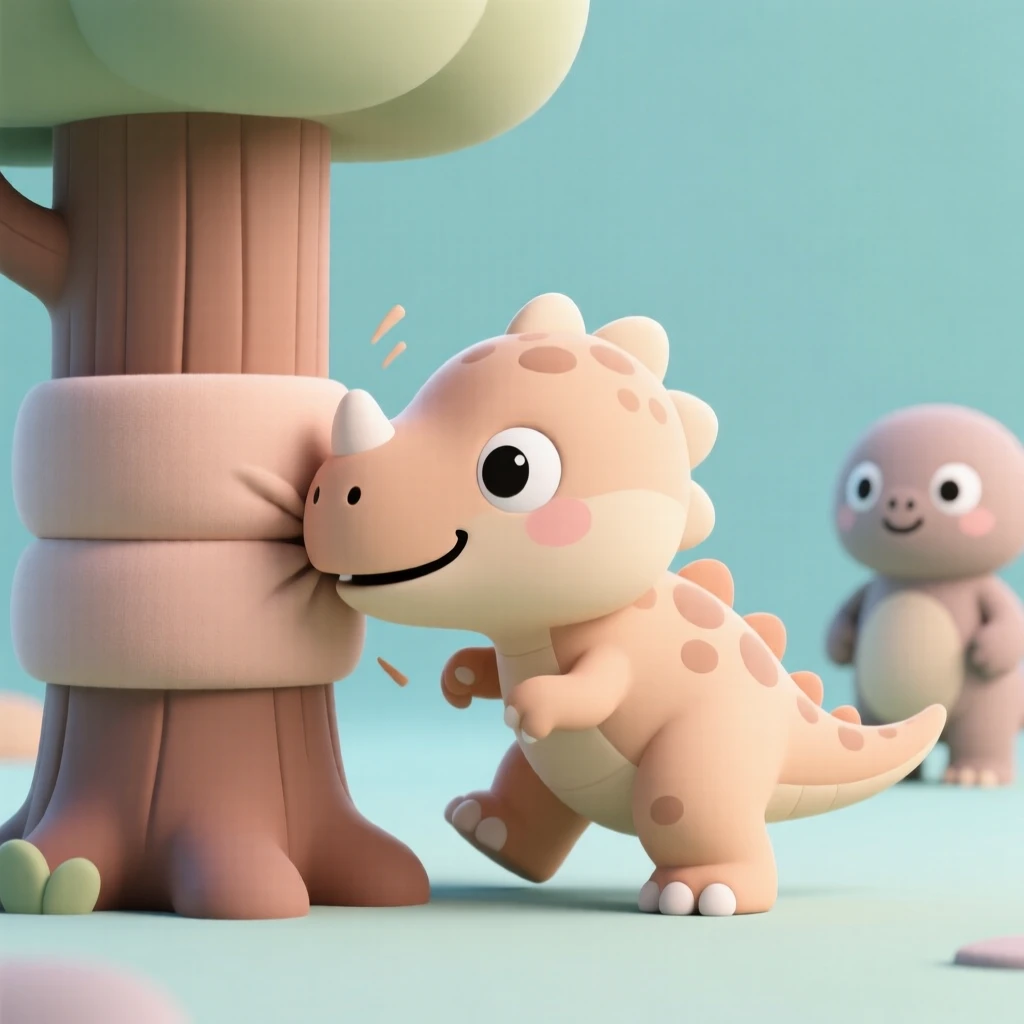 A curious Pachycephalosaurus headbutts a soft padded tree trunk during a playful prehistoric game with its herd mates.