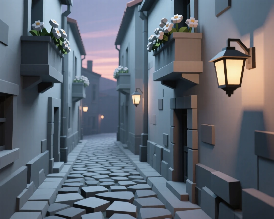 A quiet cobblestone alley lined with flowering balconies, as lantern light flickers to life at dusk. vibrant color accents contrast against neutral stone. The place feels steeped in history.