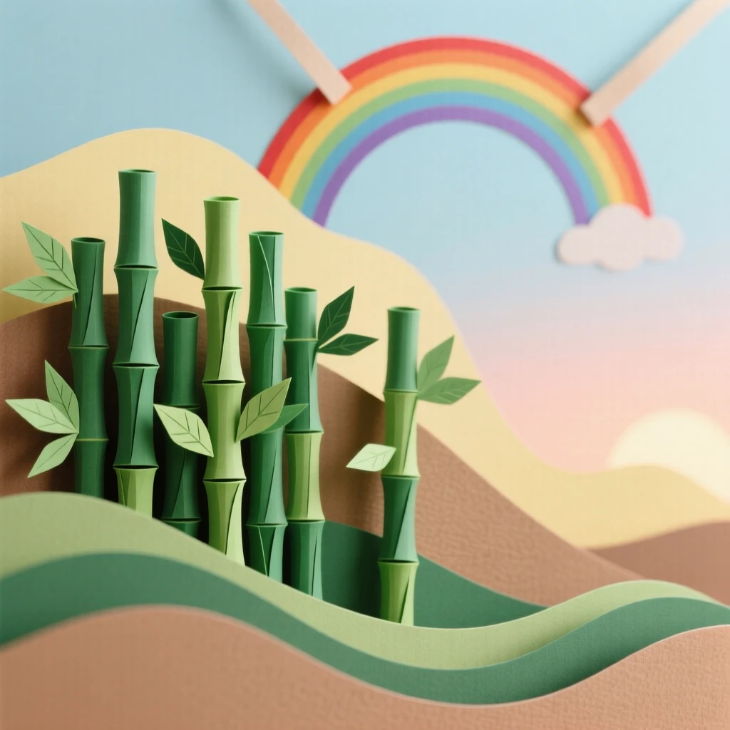 A bamboo-covered hillside in the crisp first light of dawn, with a faint rainbow arching across the sky, conveying the quiet power of the natural world.