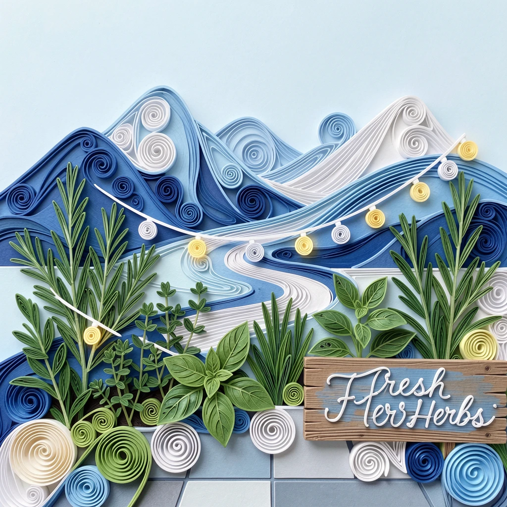 A relaxed modern lifestyle scene of a rooftop garden filled with herbs and string lights along a scenic mountain hiking trail, in bright, clean tones of blue and white, composed with a fresh, airy, minimalist aesthetic.