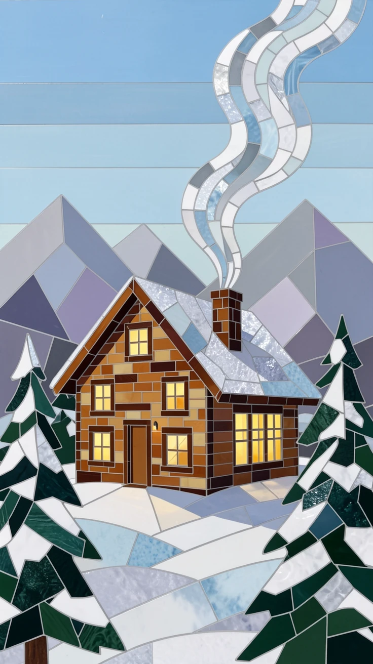 A cozy winter cabin with smoke rising gently from its chimney.