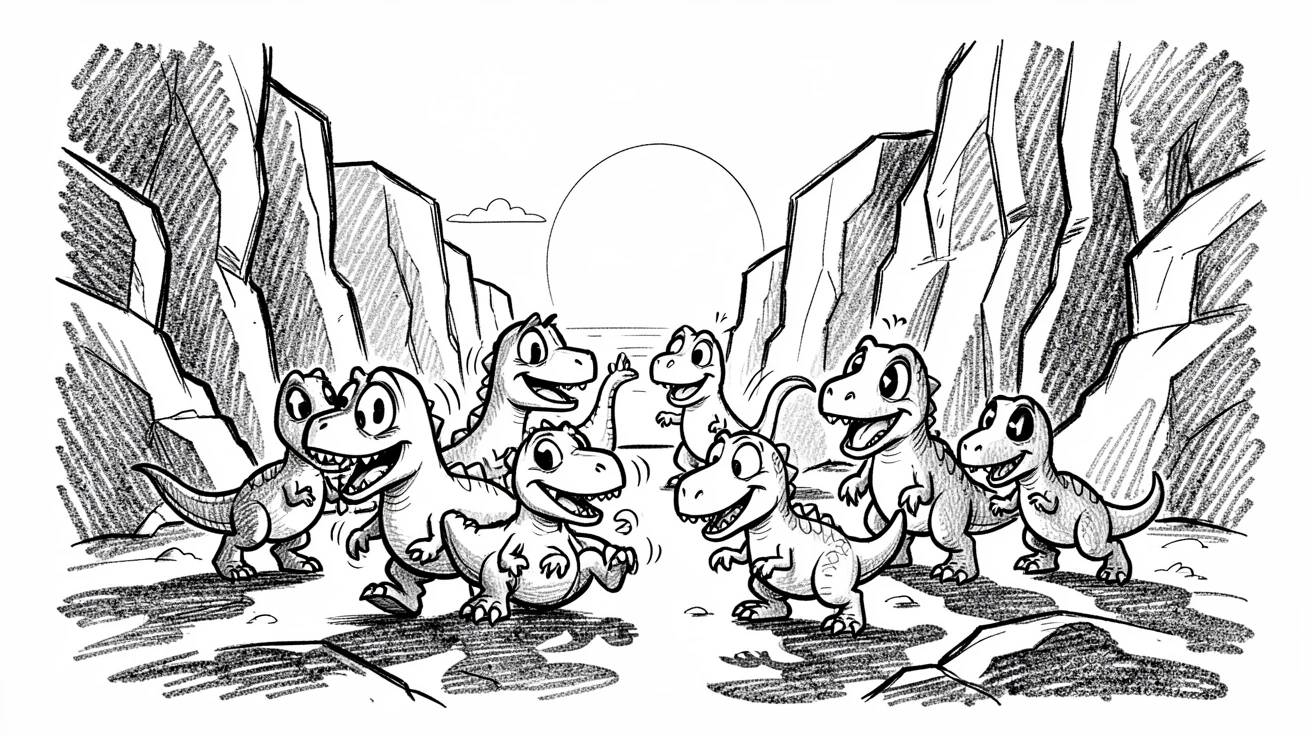 A pack of small dinosaurs playing in a canyon at sunrise.