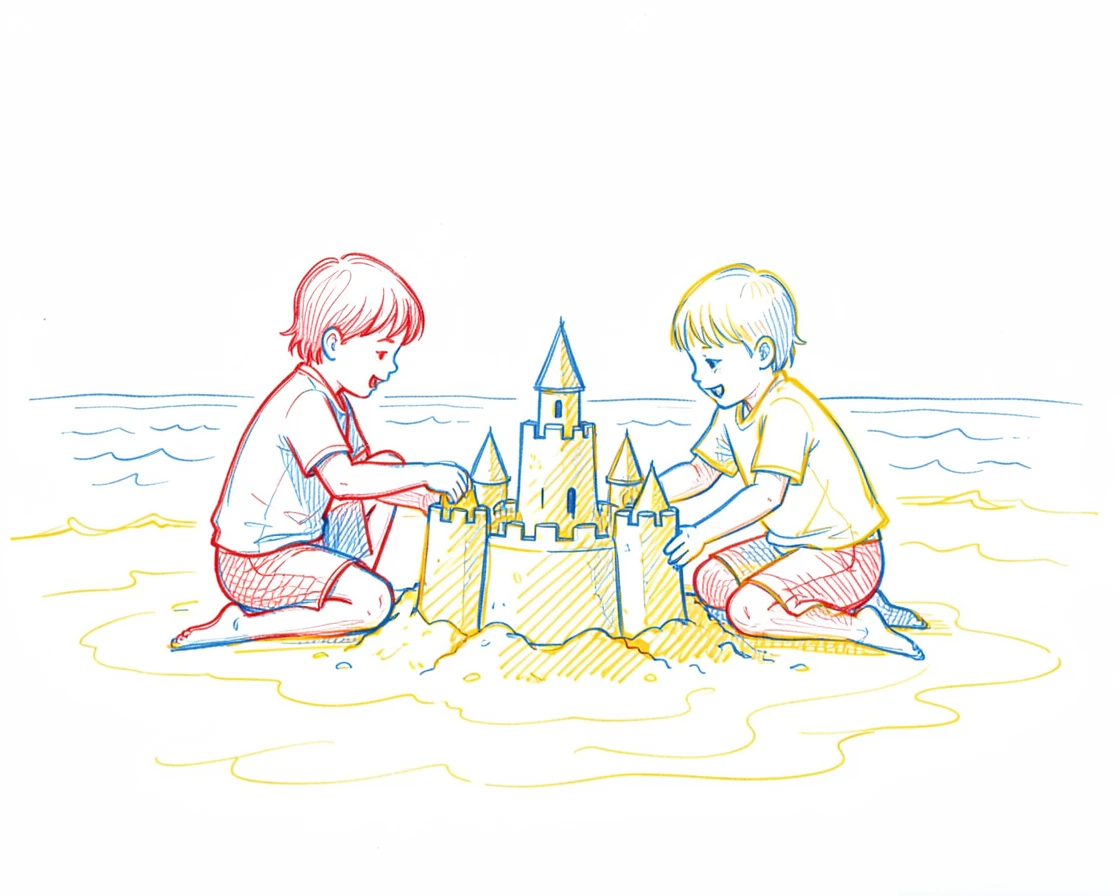 Siblings building a sandcastle together as the tide creeps closer