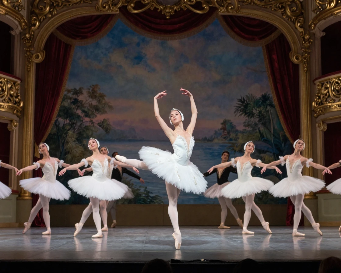 A ballet company performing Swan Lake on an ornate stage