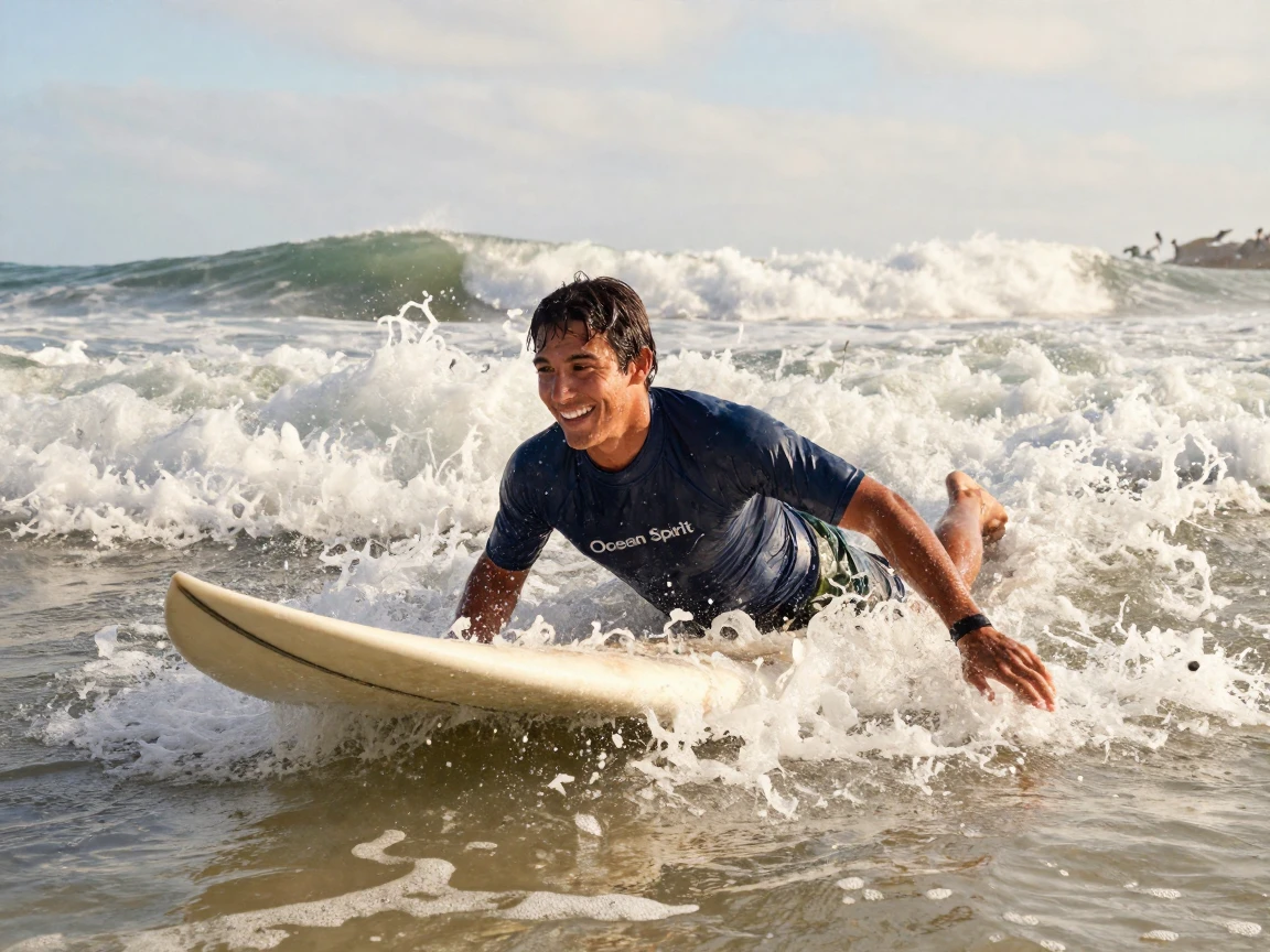 A surfer paddles back out after a wipeout, grinning at the wave that got him.