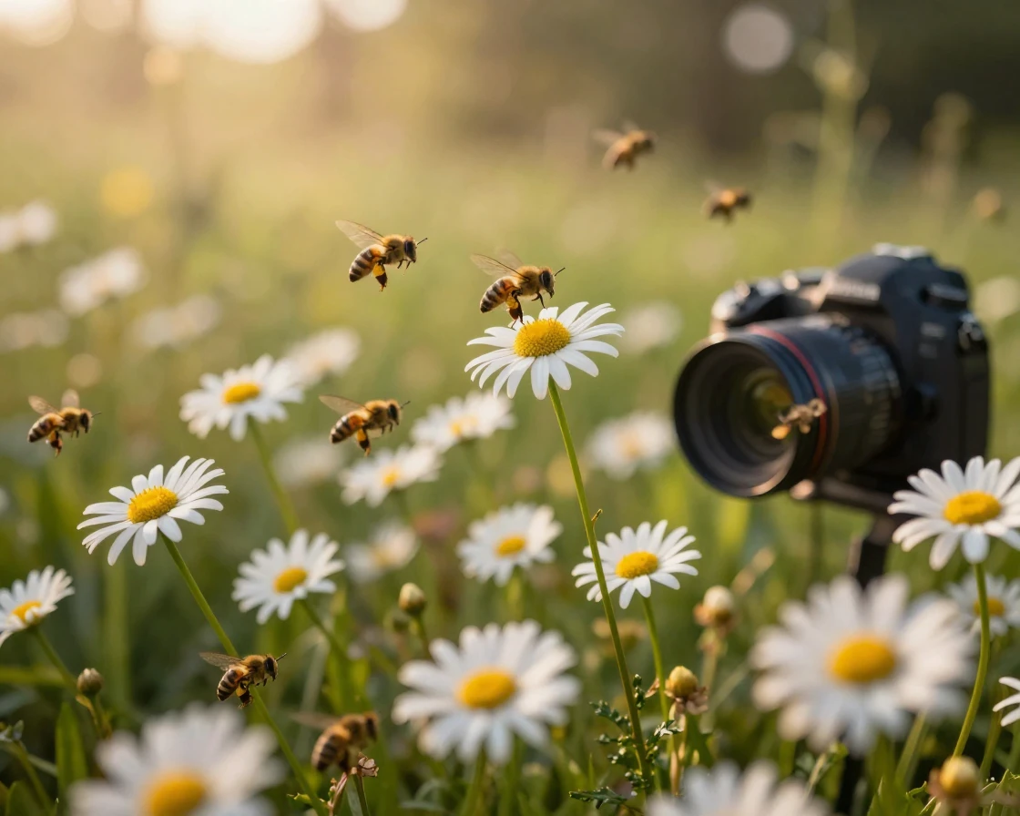A patch of wild daisies surrounded by buzzing bees and butterflies