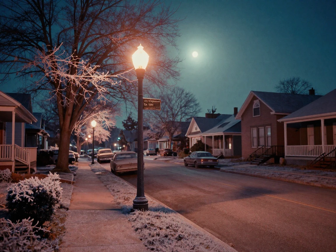 A quiet street lit only by a single glowing lamppost at night, under a full moon, with frost coating every surface, in the mild days of early autumn, in vivid coral and turquoise hues, from a slightly elevated vantage point.