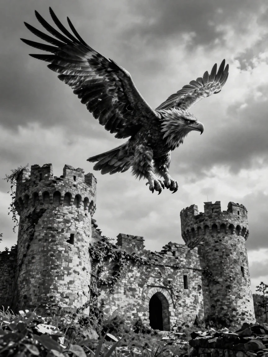 A mythical griffin soars above a crumbling ancient castle over a forgotten castle ruin.