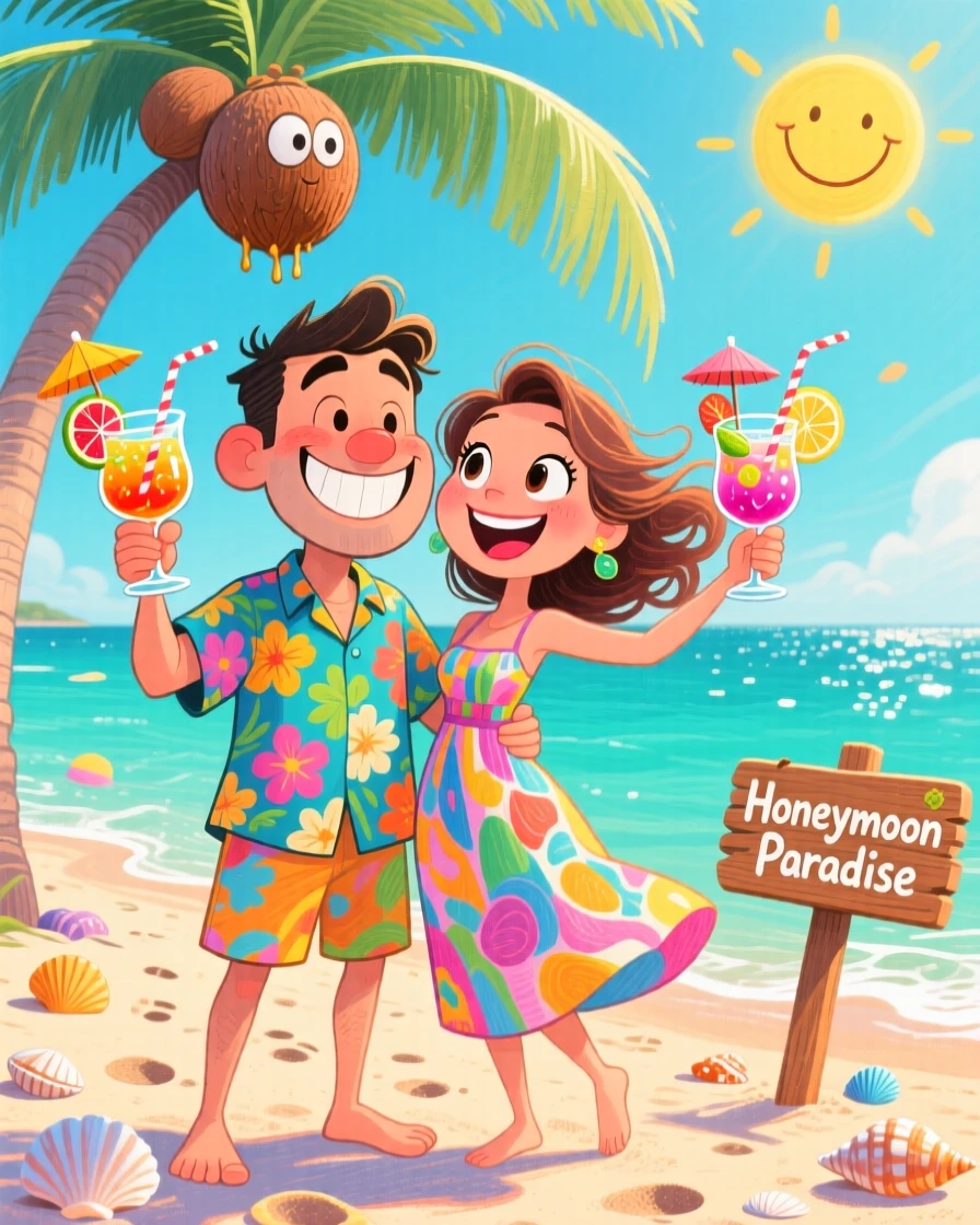 A couple honeymooning on a tropical beach, toasting cocktails under a palm tree.