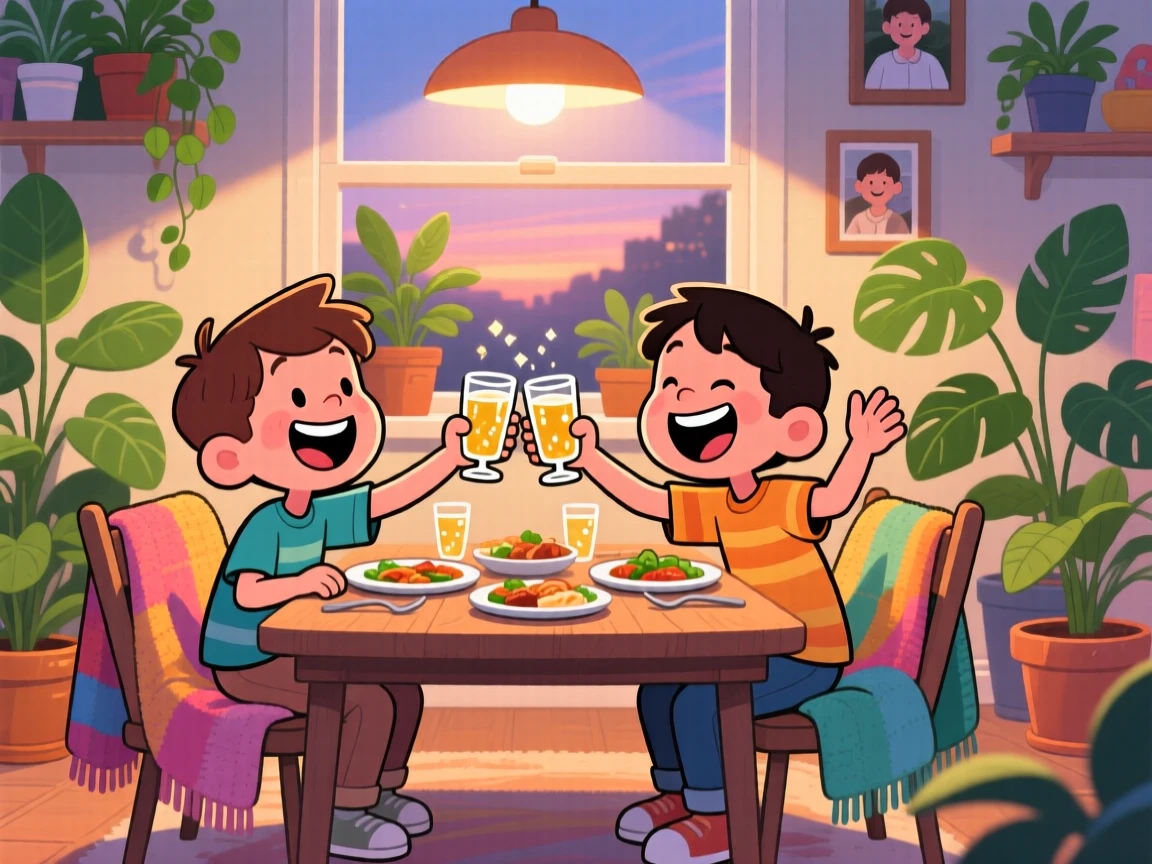 A heartwarming scene of childhood best friends reunited celebrating with a toast around the dinner table, surrounded by house plants and cozy blankets.