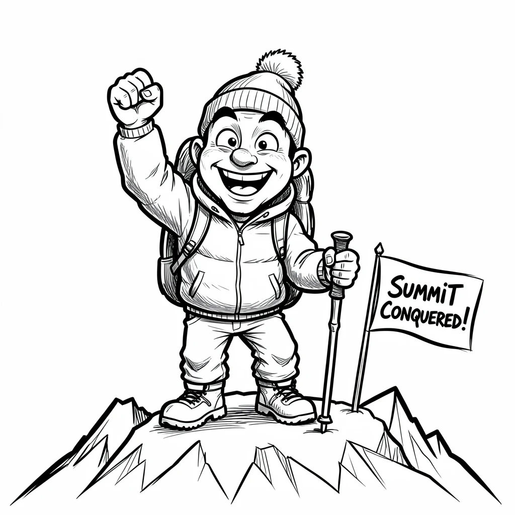 [Travel & Cultural Experiences] Vivid travel scene of a hiker standing triumphantly atop a snowy mountain peak, full of wonder and adventure