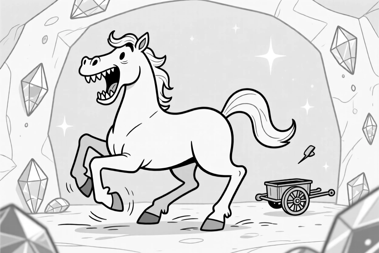 A centaur stumbling over its own front hooves, yawning wide enough to reveal a mouth full of crooked teeth, set deep inside a glittering gemstone mine. A tiny cart wheel spins uselessly in the air. The scene turns epic fantasy into pure charming comedy.