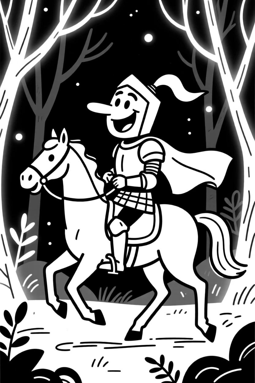 A knight and his loyal steed riding through an enchanted glowing forest at night.