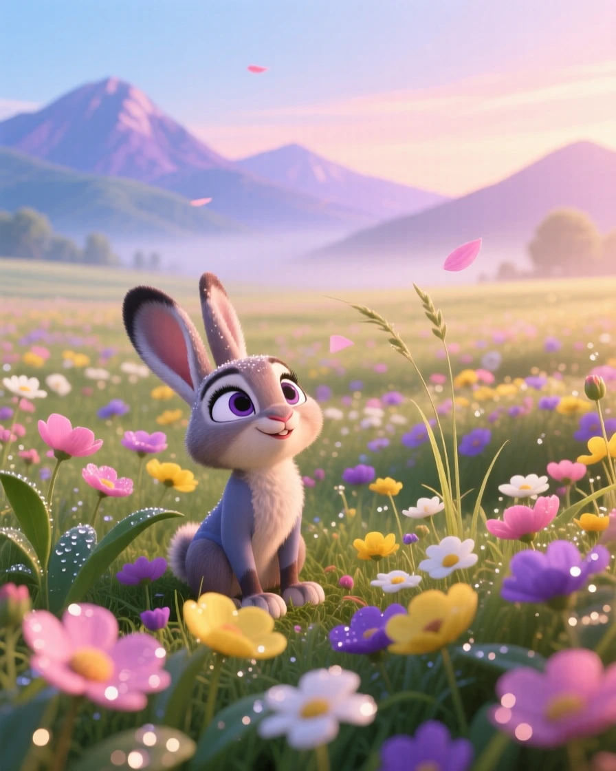 A field of wildflowers glows as morning dew clings to every leaf and petal, with distant mountains fading into soft haze. A calming stillness settles over the landscape.