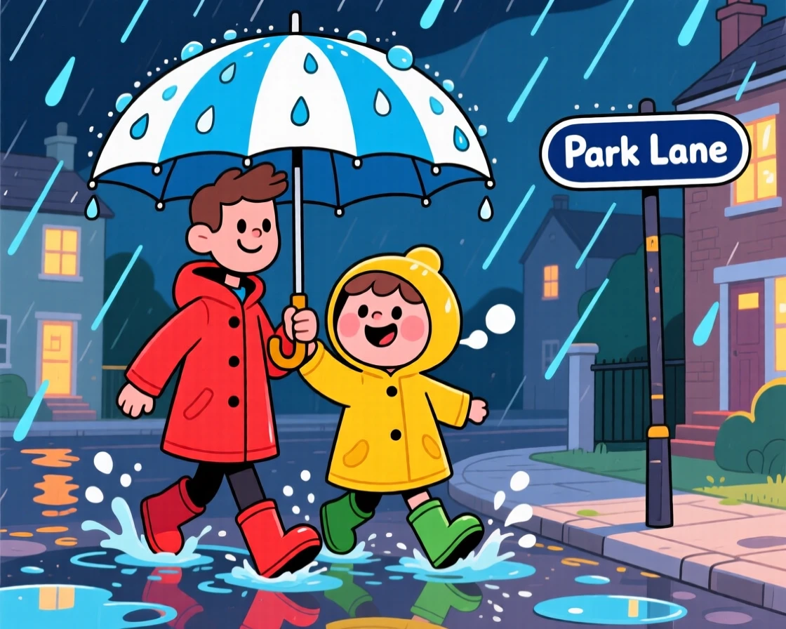 Two friends sharing an umbrella while walking home in the rain.